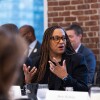 FedEx CSO Karen Blanks Ellis sits at a table speaking at Climate Week NYC 2025 event