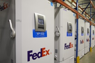 Row of freezers with FedEx Branding