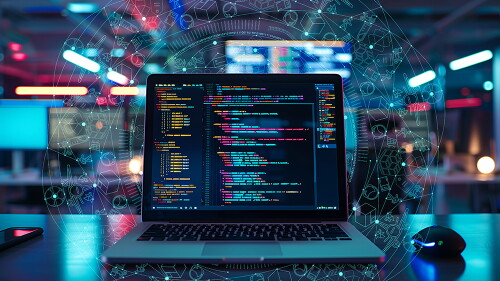 software codes display on screen of a laptop on the table in mod