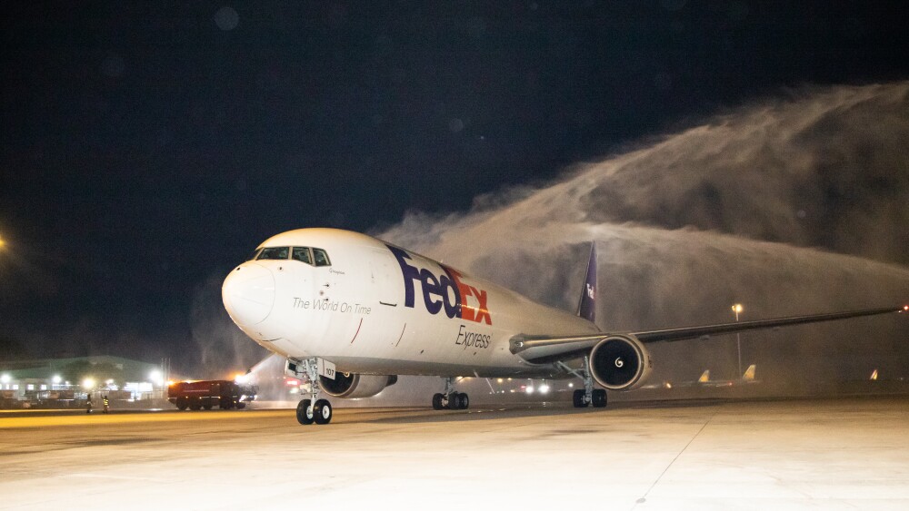A water salute ceremony was held to welcome the first FedEx Boeing 767 Freighter that was used to kick start the new flight in the evening of October 31, 2023.jpg
