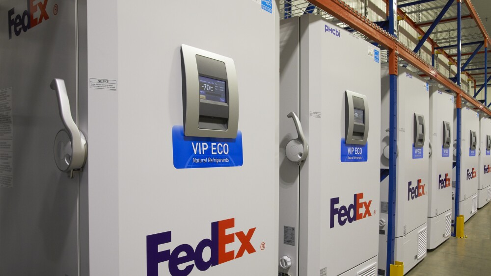 Row of freezers with FedEx Branding
