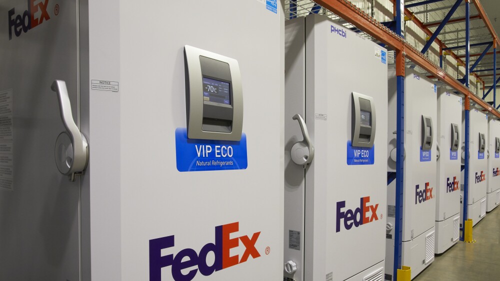 Row of freezers with FedEx Branding