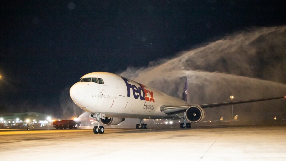  A water salute ceremony was held to welcome the first FedEx Boeing 767 Freighter that was used to kick-start the new flight in the evening of October 31, 2023