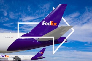 Two FedEx purple-tail aircraft lined up on a clear day with FedEx arrow overlay in white